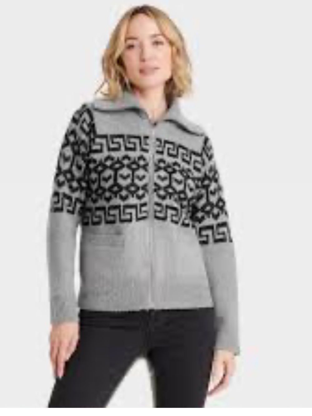 Universal Thread Gray and Black Zip Cardigan with Geometric Nordic Motif